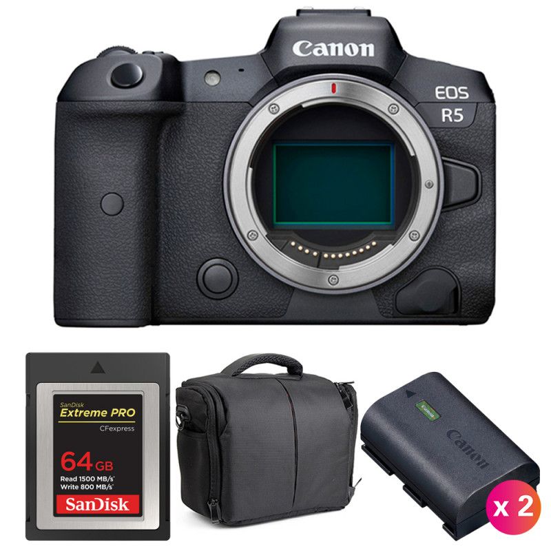 Canon EOS R5 Nu + SanDisk 64GB Extreme PRO CFexpress Tipo B + 2 baterías Canon LP-E6NH + Bolsa