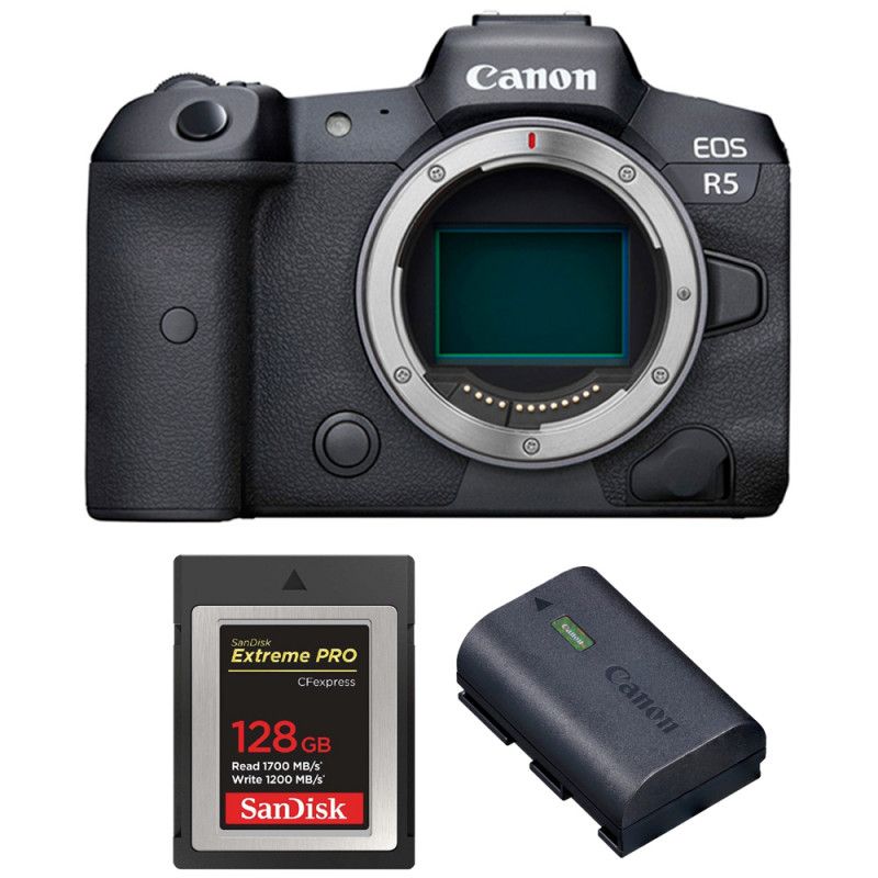 Canon EOS R5 nu + carte SanDisk 128 Go Extreme PRO CFexpress Type B + batterie Canon LP-E6NH