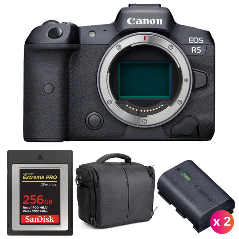 Canon EOS R5 Nu + SanDisk 256GB Extreme PRO CFexpress Tipo B + 2 baterías Canon LP-E6NH + Bolso