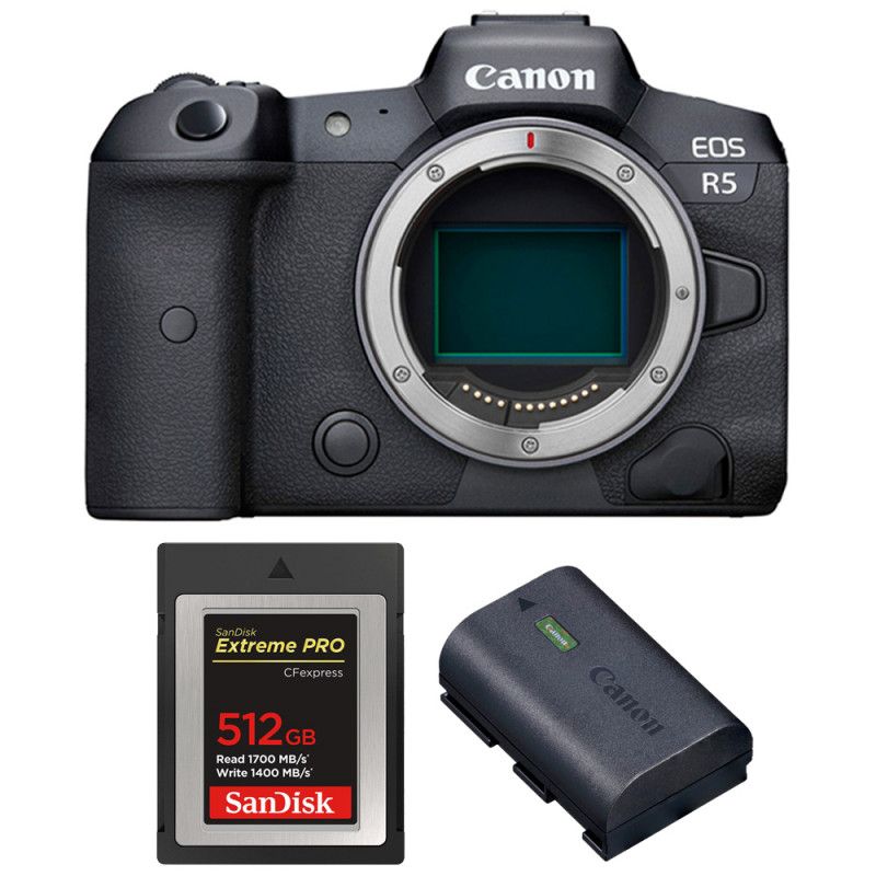 Cámara Canon EOS R5 Nu + Tarjeta SanDisk 512GB Extreme PRO CFexpress Tipo B + Batería Canon LP-E6NH