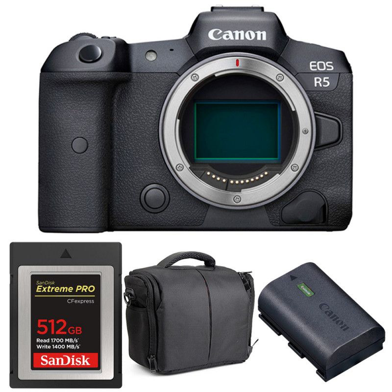 Canon EOS R5 Nu + SanDisk 512GB Extreme PRO CFexpress Tipo B + Canon LP-E6NH + Bolso
