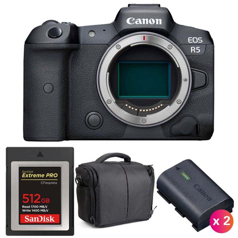 Canon EOS R5 Cuerpo + Tarjeta SanDisk 512GB Extreme PRO CFexpress Tipo B + 2 Baterías Canon LP-E6NH + Maleta