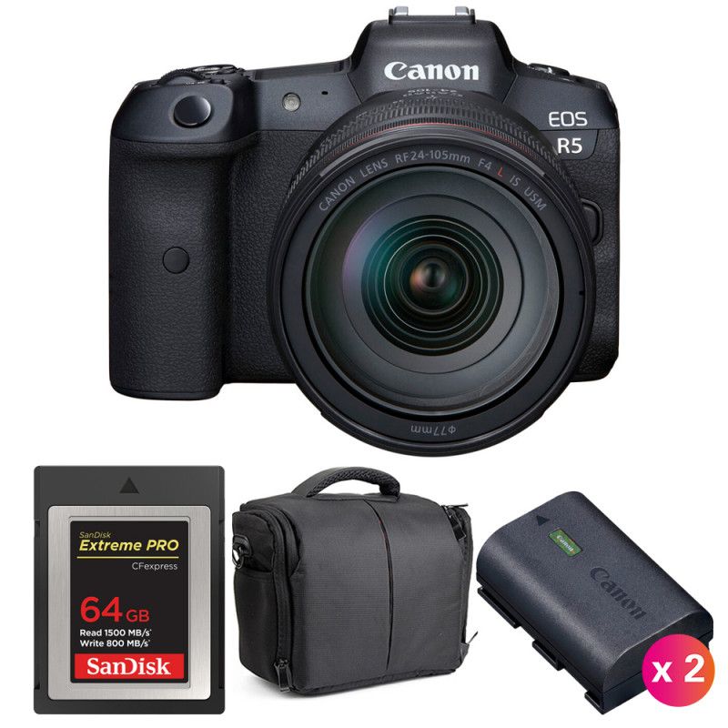 Canon EOS R5 + RF 24-105mm f/4L IS USM Lens + SanDisk 64GB Extreme PRO CFexpress Type B Memory Card + 2 LP-E6NH Batteries + Case