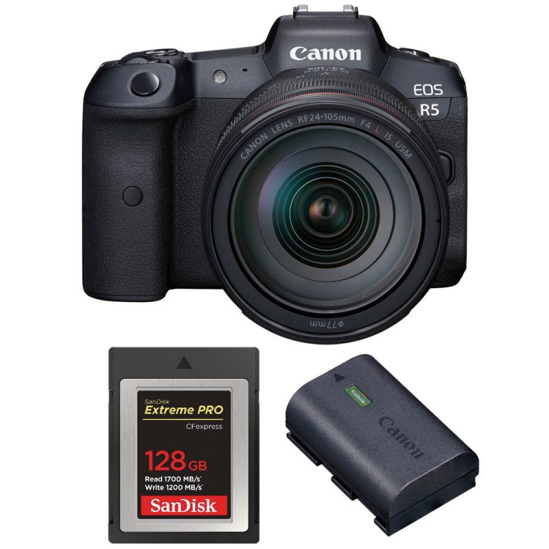 Canon EOS R5 + RF 24-105mm f/4L IS USM + SanDisk 128GB Extreme PRO CFexpress Type B + Canon LP-E6NH Camera Kit