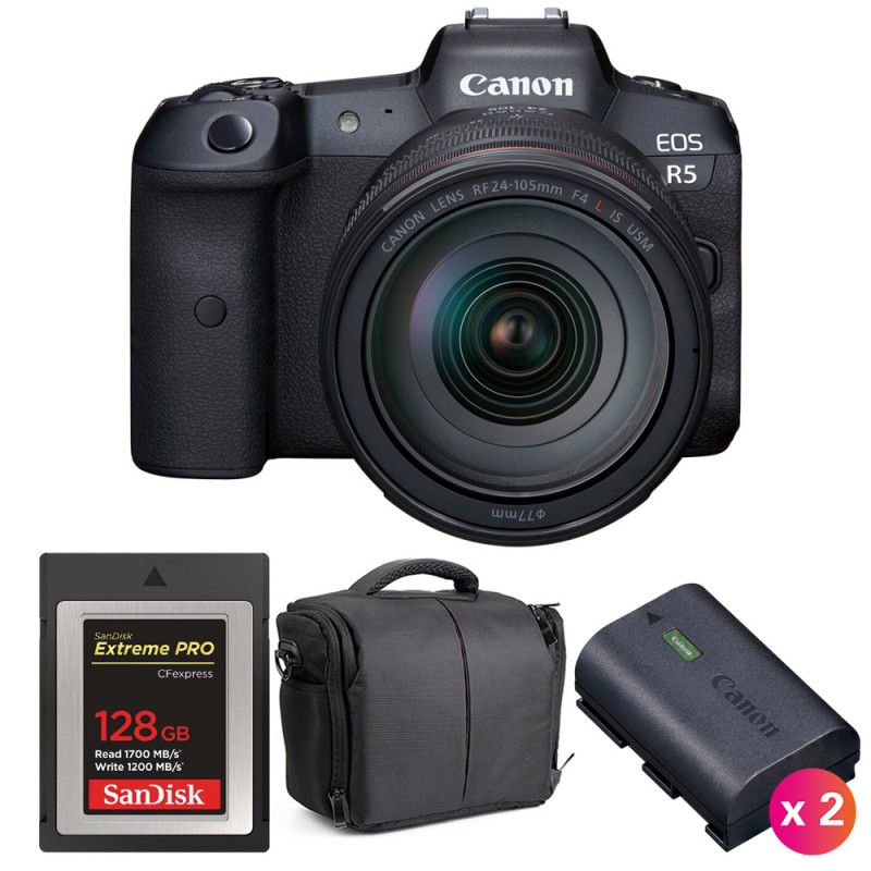 Canon EOS R5 Mirrorless Camera + RF 24-105mm f/4L IS USM Lens + SanDisk 128GB Extreme PRO CFexpress Type B Memory Card + 2 LP-E6NH Batteries + Case