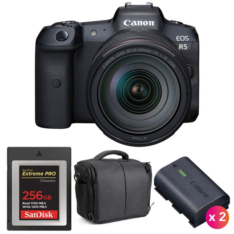 Canon EOS R5 + RF 24-105mm f/4L IS USM + SanDisk 256GB Extreme PRO CFexpress Type B + 2 LP-E6NH + Bag