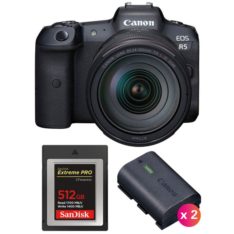 Canon EOS R5 Mirrorless Camera with RF 24-105mm f/4L IS USM Lens, SanDisk 512GB Extreme PRO CFexpress Type B Card and 2 Canon LP-E6NH Batteries