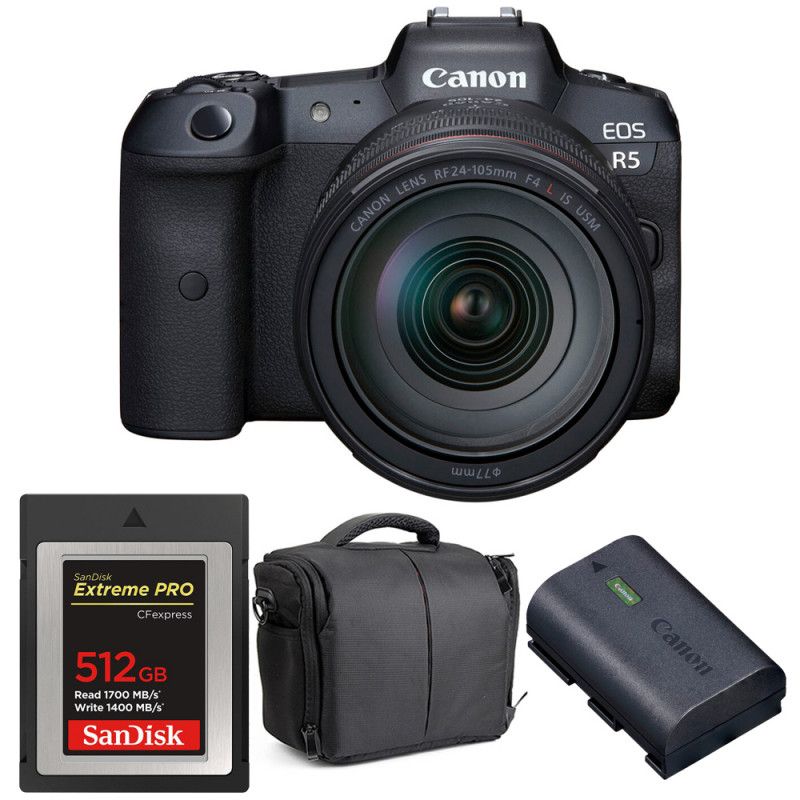 Canon EOS R5 + RF 24-105mm f/4L IS USM + SanDisk 512GB Extreme PRO CFexpress Type B + LP-E6NH + Bag
