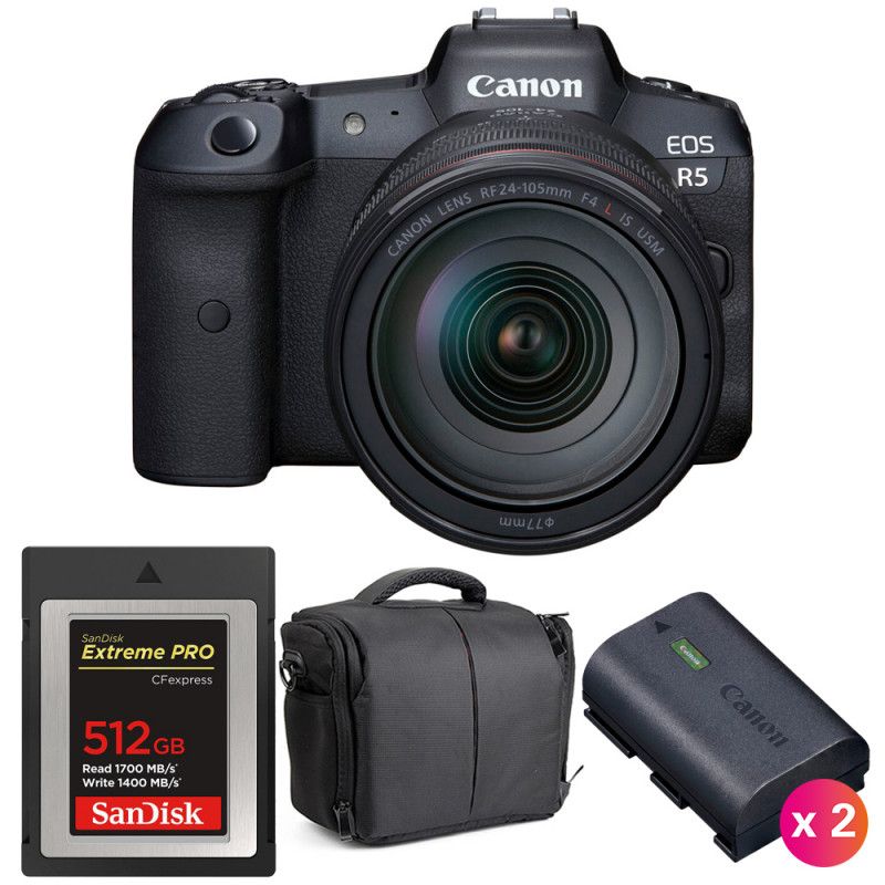 Canon EOS R5 + RF 24-105mm f/4L IS USM + SanDisk 512GB Extreme PRO CFexpress Type B + 2 LP-E6NH + Bag