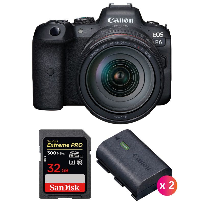 Canon EOS R6 Kit with RF 24-105mm f/4L IS USM and SanDisk 32GB Extreme PRO UHS-II SDXC Card + 2x Canon LP-E6NH Battery (2-Year Warranty)