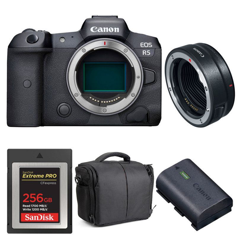 Canon EOS R5 Body + EF-EOS R Lens + SanDisk 256GB Extreme PRO CFexpress Type B + Canon LP-E6NH Battery + 2-Year Warranty Bag