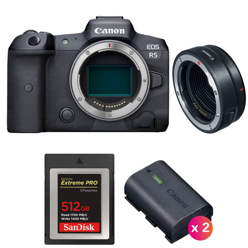 Canon EOS R5 + EF-EOS R Lens + SanDisk 512GB Extreme PRO CFexpress Type B + 2 Canon LP-E6NH Batteries - 2 Year Warranty