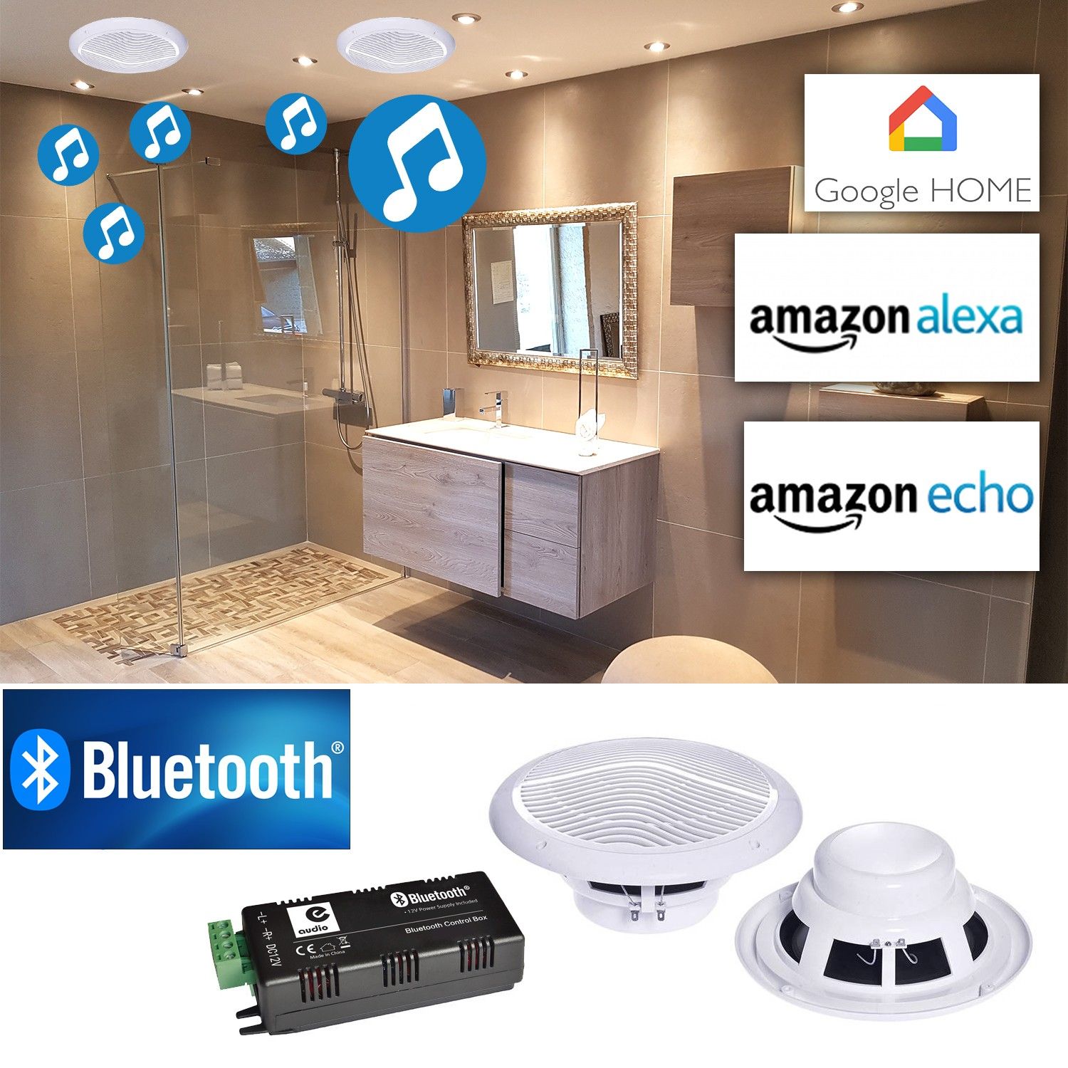 E-AUDIO B300C Waterproof Marine Speakers with 30W Amplifier Google Home Bluetooth Amazon Alexa Echo