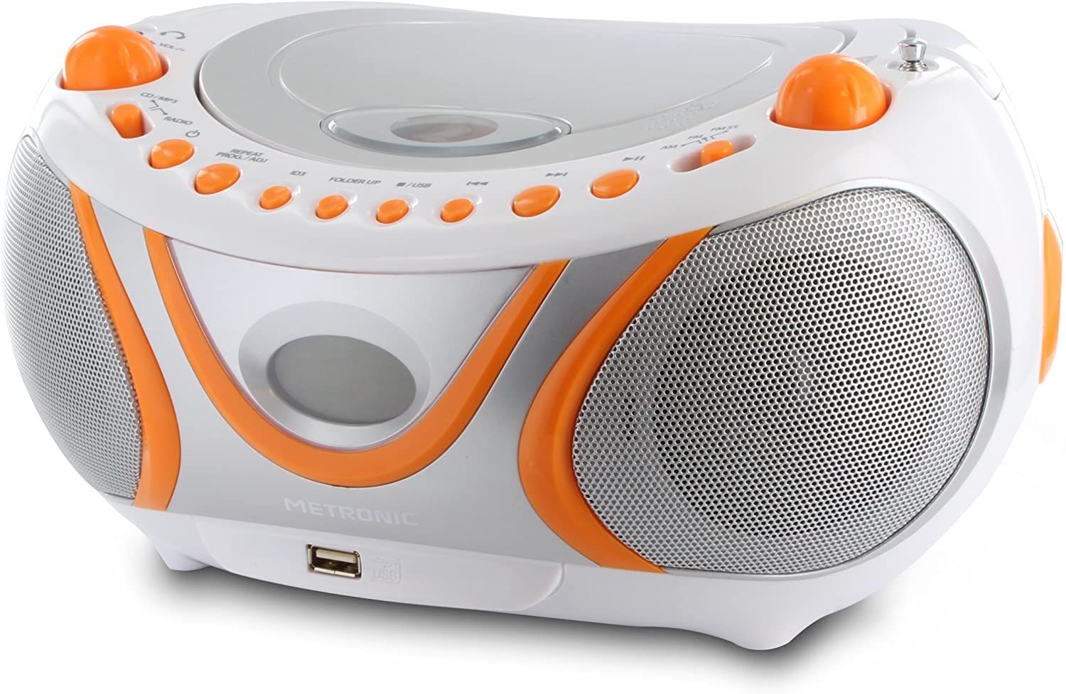 Metronic Mini Hi-Fi Chain Radio CD Player MP3 USB - Orange, White and Grey