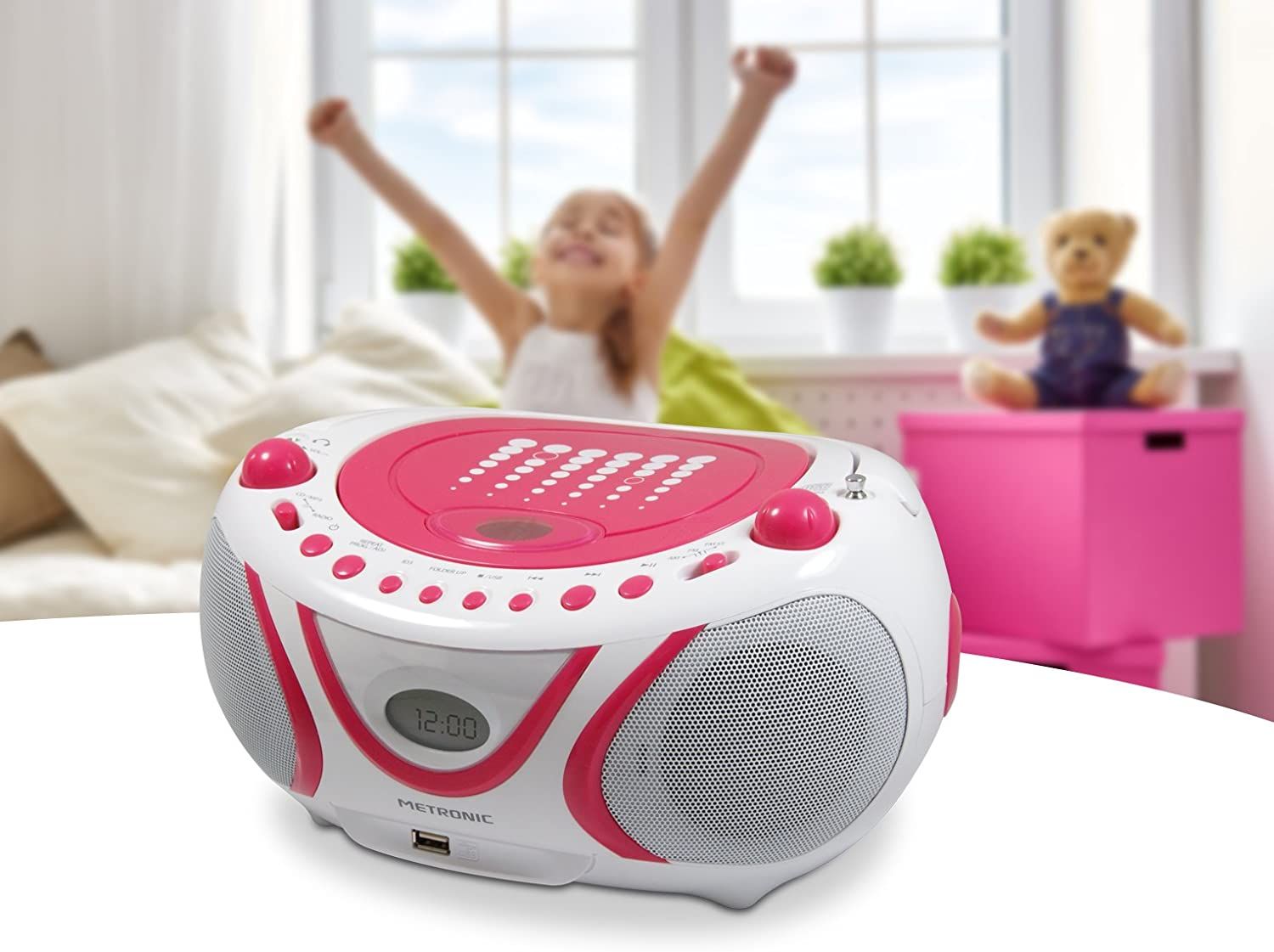 Metronic Mini Hi-Fi Chain Radio CD Player MP3 USB - White Pink