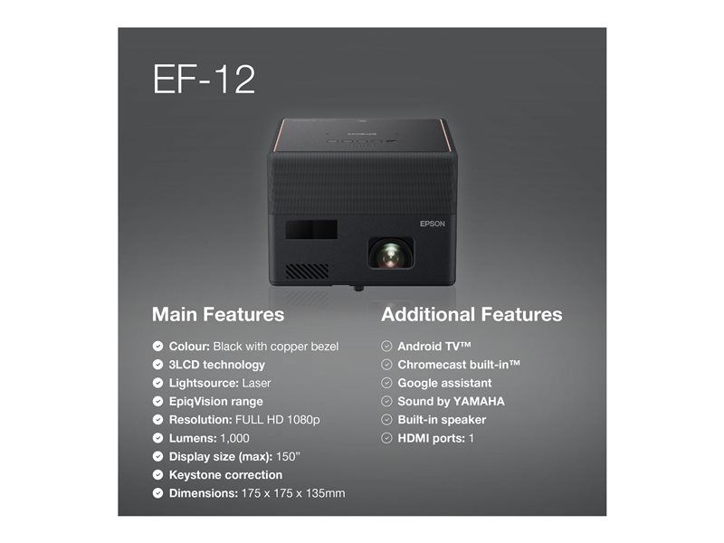 Epson EF-12 3LCD Projector - Portable, 1000 Lumens (White & Color), Full HD 1920x1080, 16:9 Aspect Ratio, Black, Android TV