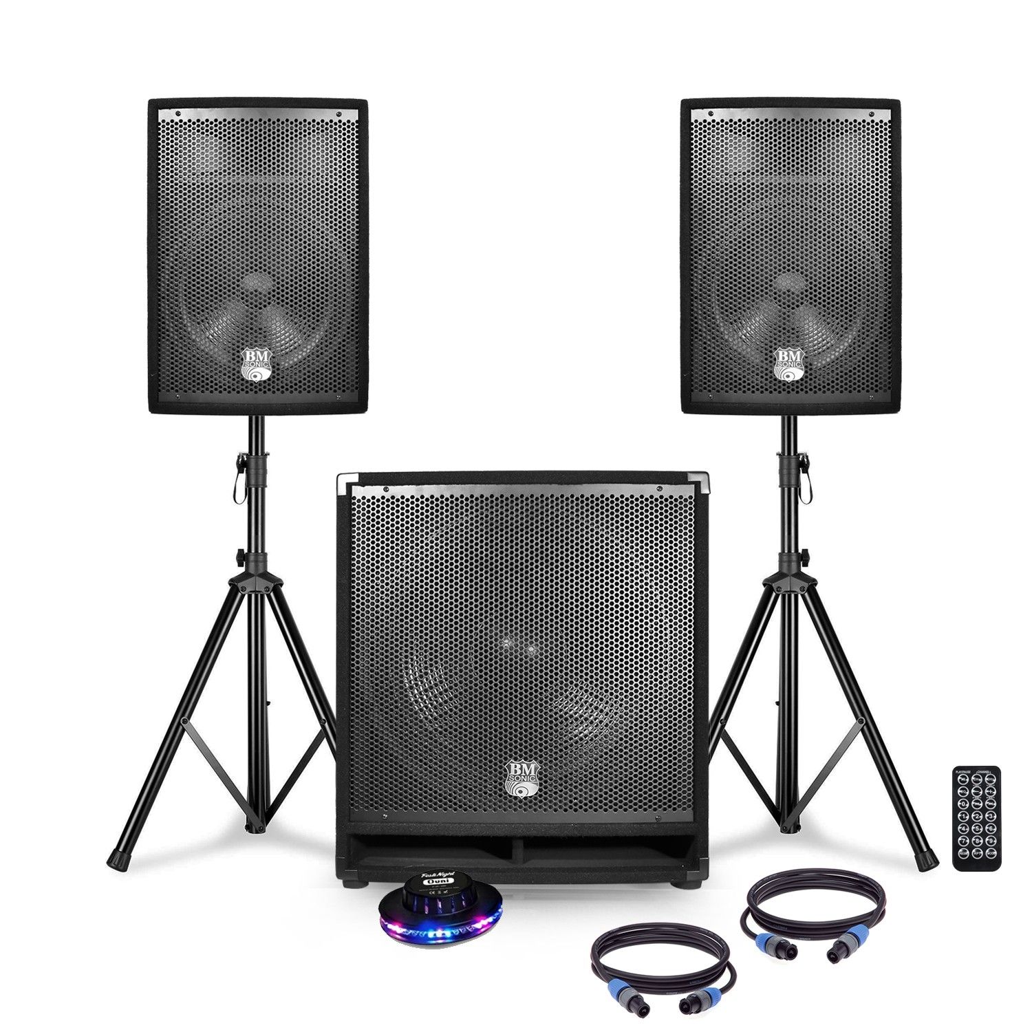 Système de sonorisation complet Bm Sonic BMS1812 - 2400W de subwoofer actif, 18'' et 2 haut-parleurs de 12'', Bluetooth/USB, support, câbles, télécommande et effet lumineux OVNI