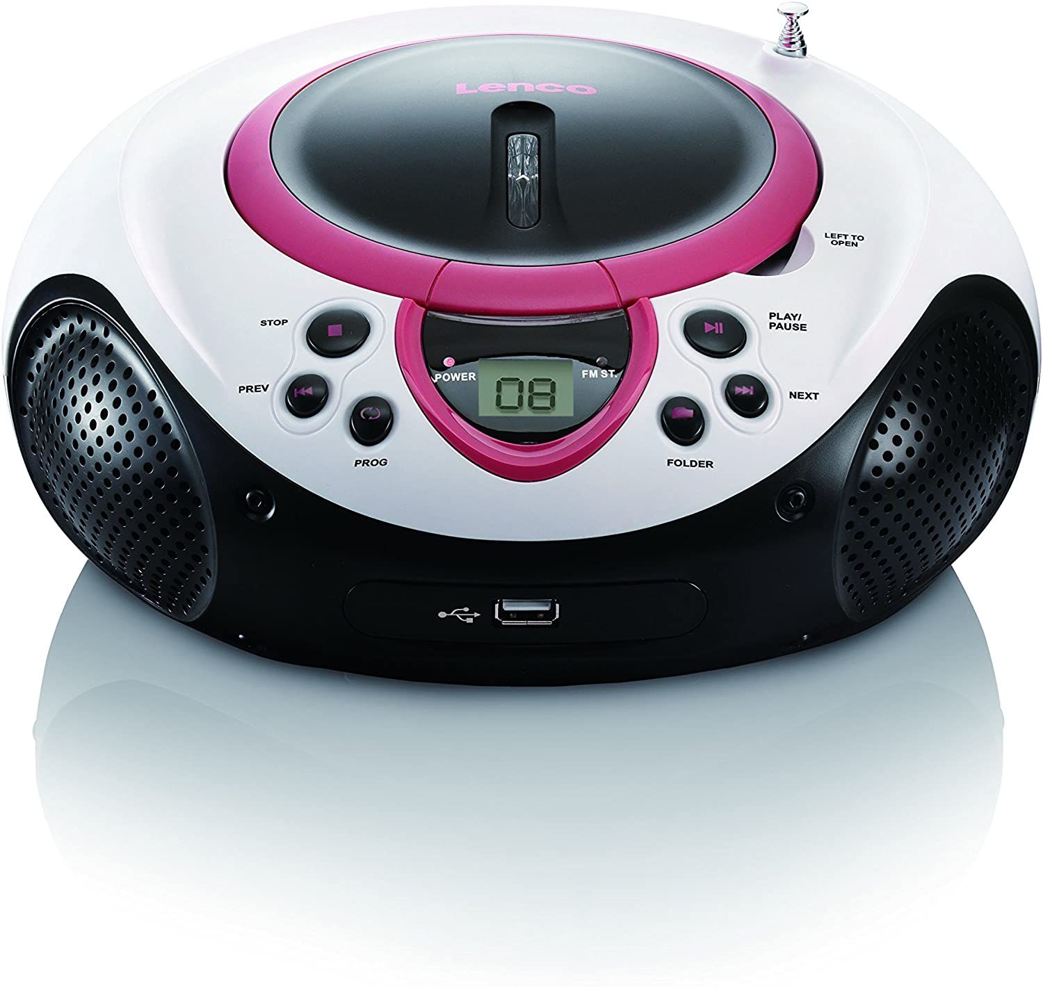 Lenco SCD-38 Portable Stereo Hi-Fi Mini Chain with FM Radio, CD Player, USB and Battery or AC Power - Pink, White, Black