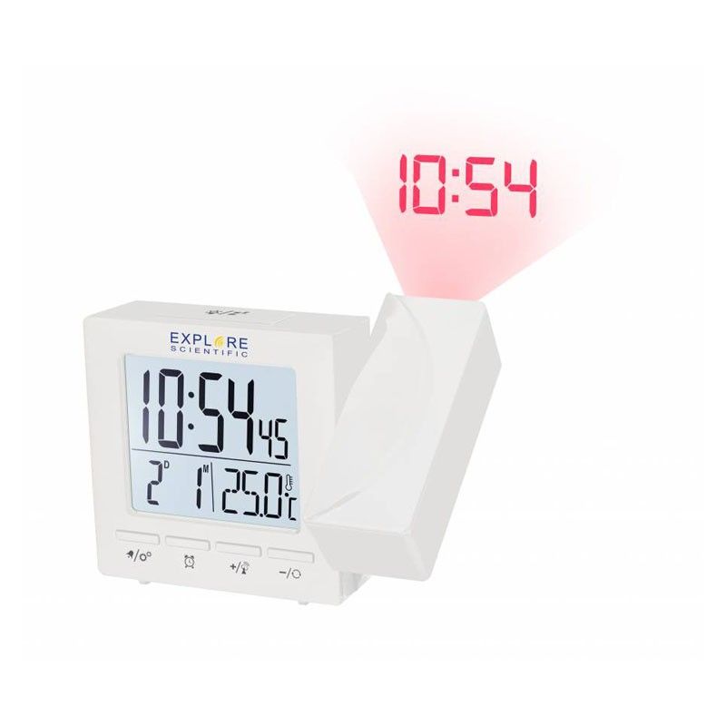 Reloj de alarma proyector controlado por radio Bresser Explore Científico con temperatura, blanco