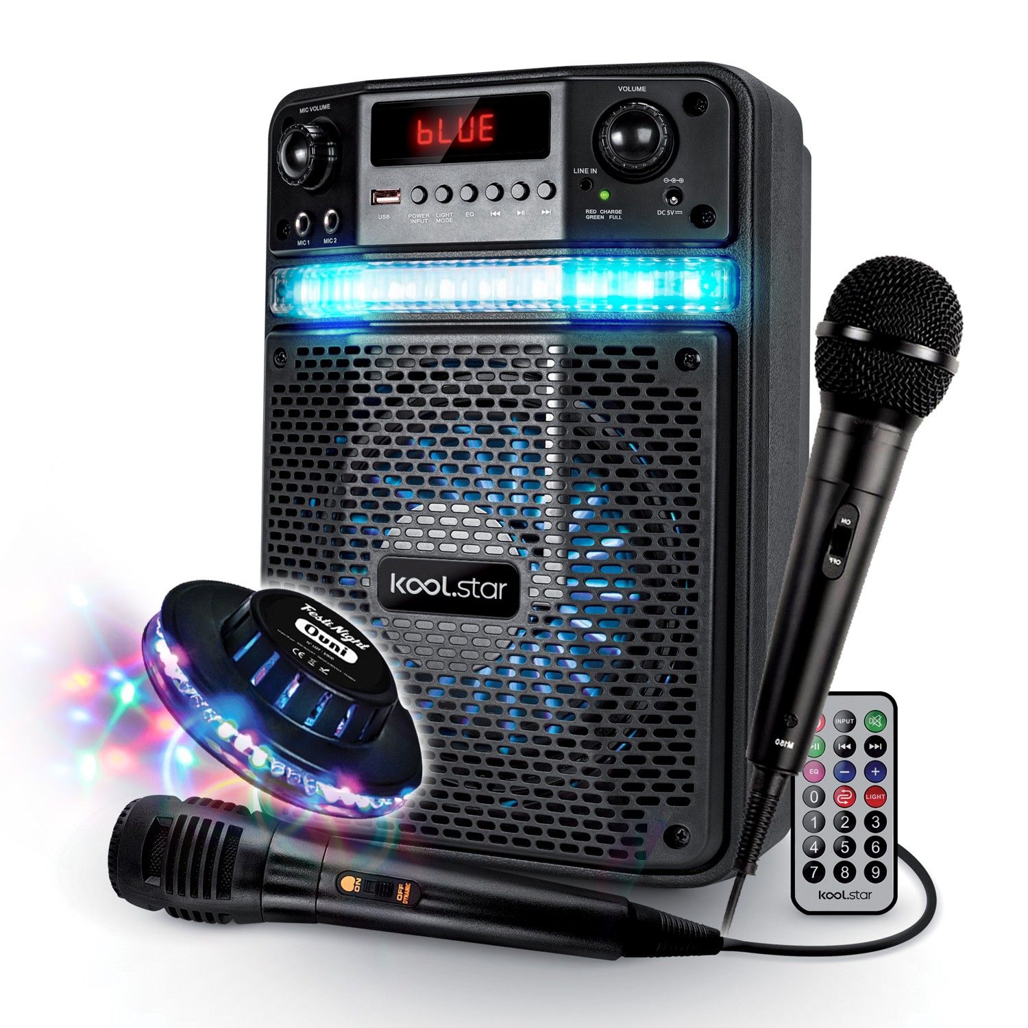 Haut-parleur Koolstar ADO PARTY 400W LED pour enfants avec batterie - 2 micros + application - USB/Bluetooth/Radio FM