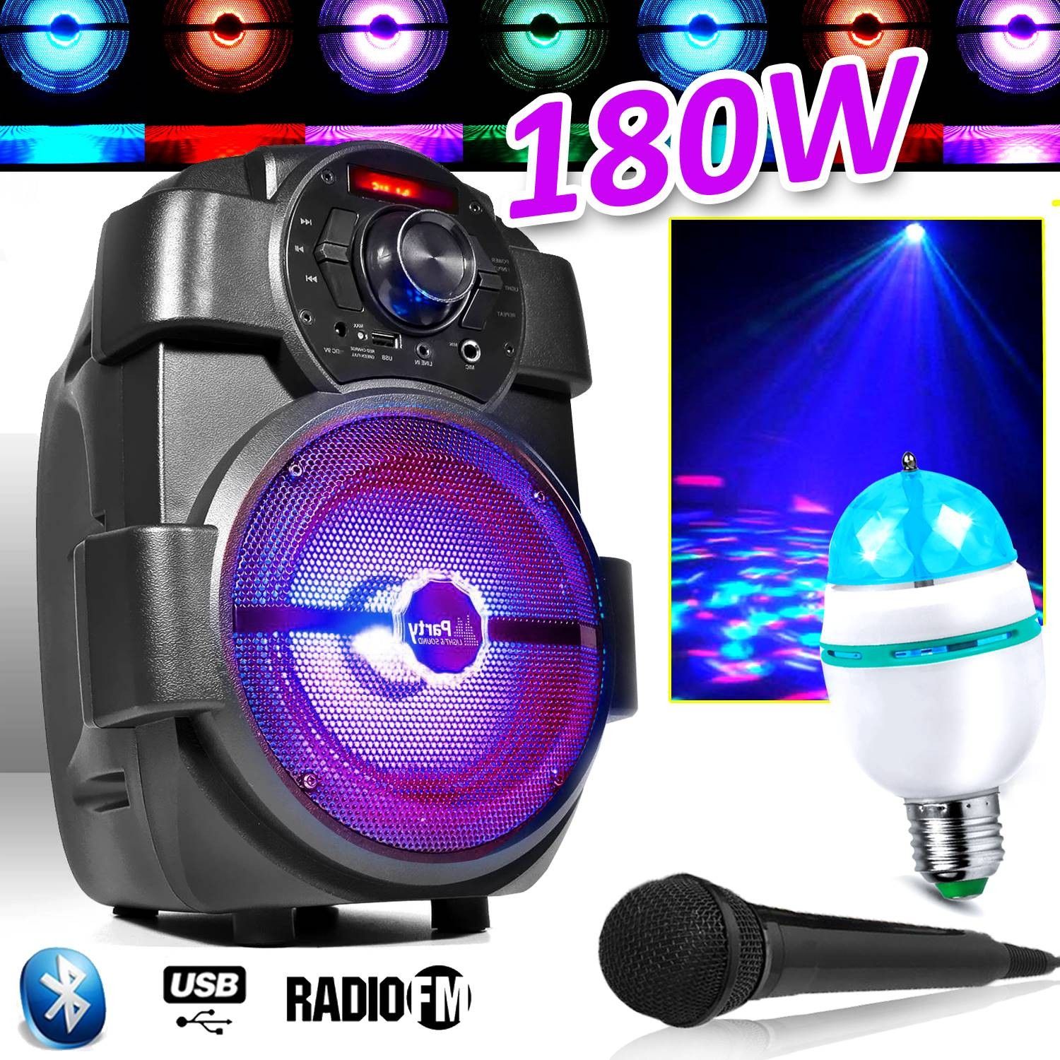 PM Party Karaoke Speaker for Kids, 180W Portable Bluetooth Speaker with LED Lights