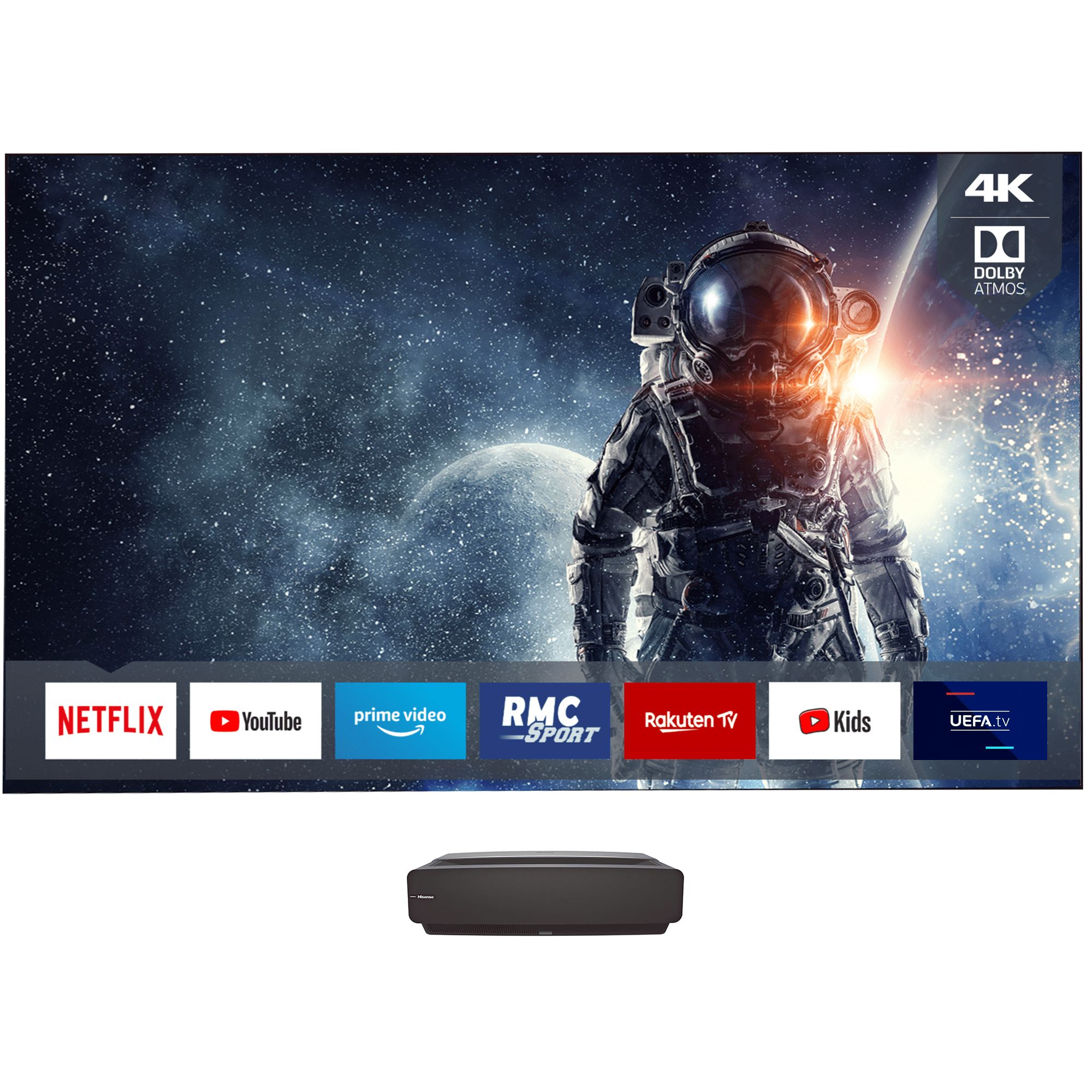 Hisense Laser TV 100L5F-B12 - DLP Projector - Laser - 2700 Lumens - 3840 x 2160 - 4K - Ultra Short Focus Lens - Wi-Fi / Bluetooth / LAN - Black - with 100 Projection Screen
