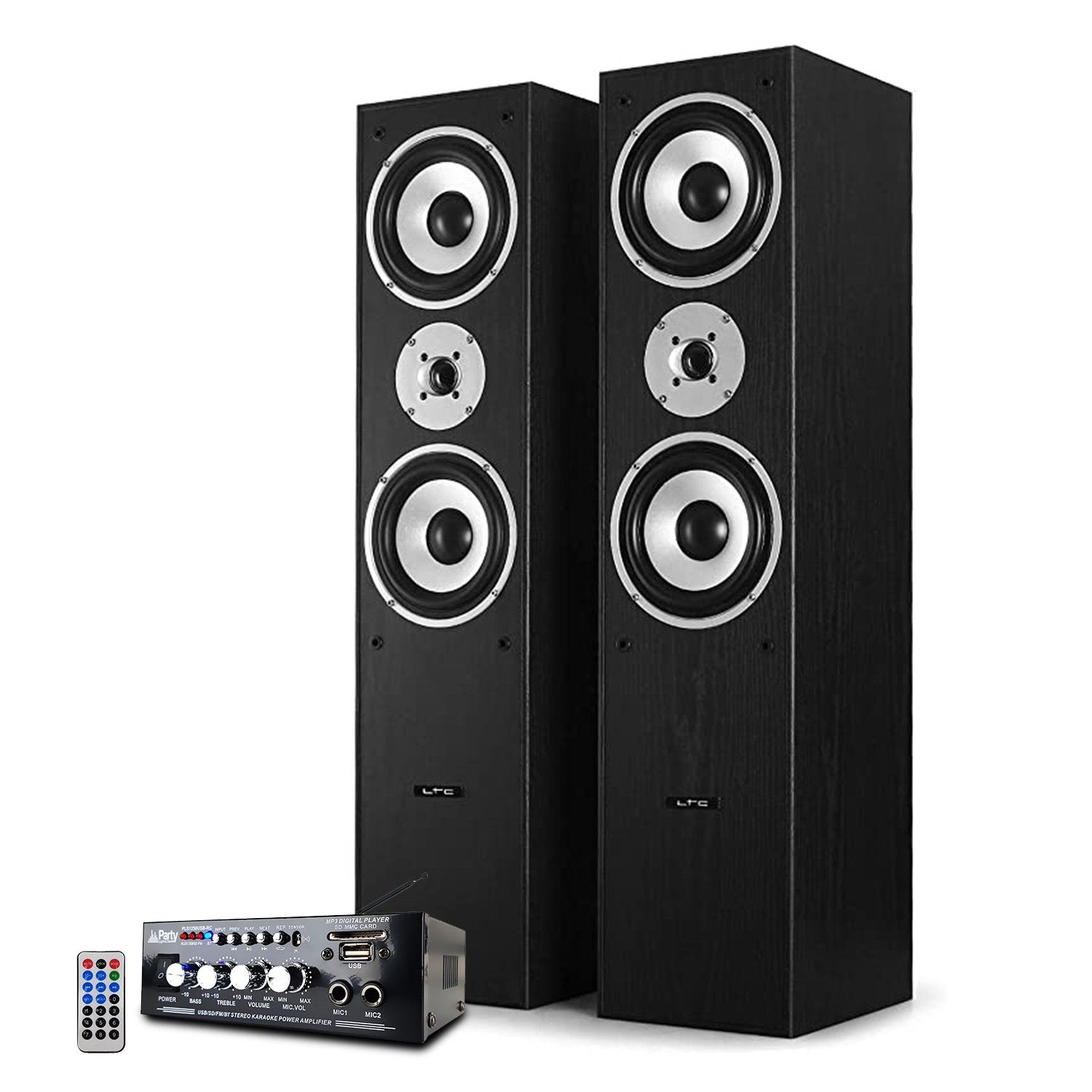 LTC Audio L766-BK Black Acoustic Hi-Fi/Home Cinema Speakers 2x500W + Stereo Amplifier - USB/Bluetooth/SD/FM Radio