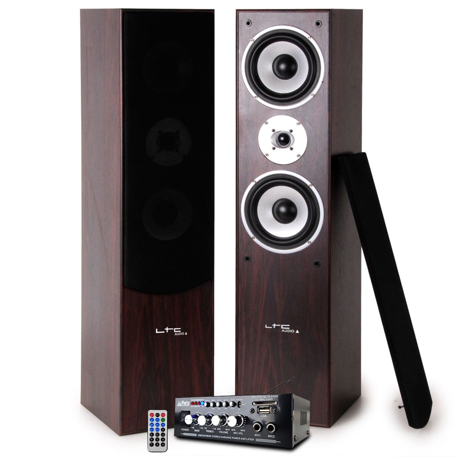 LTC Audio L766-WA Oak/Walnut Acoustic Speakers - 2x500W Stereo Amplifier, Bluetooth, USB, SD, FM Radio