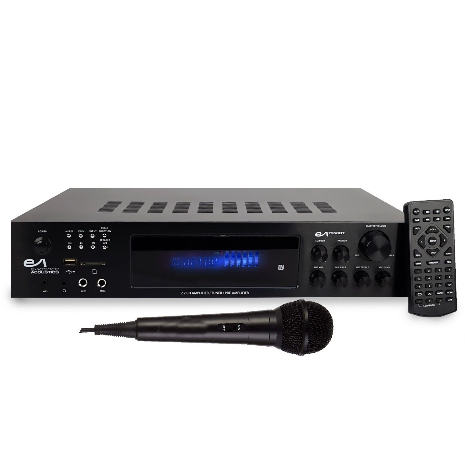 Amplificateur Hi-Fi Evidence Acoustics EA-7360-BT - Système Karaoké 5.2 avec USB/SD/Bluetooth/FM/Microphone - 4x75W + 3x20W