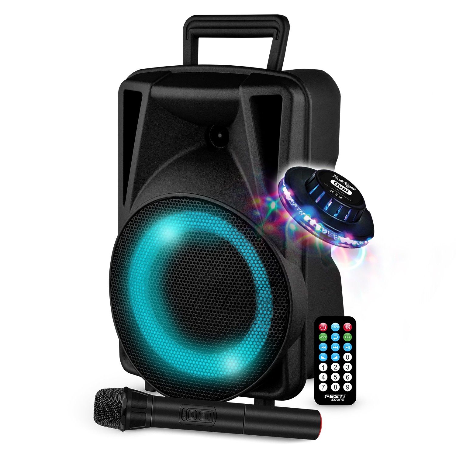 Active Speaker - FestiSound FESTI08 - 8" (20cm) - 200W - Battery - Ring LED Effect - USB SD Bluetooth TWS - Micro VHF - UFO Light