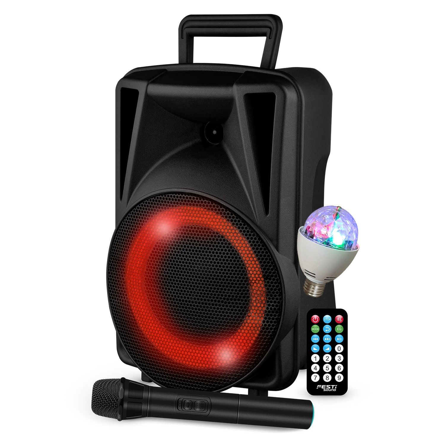 Festisound FESTI08 Active Speaker - 8" (20cm) - 200W - Battery - RGB Ring LED Effect - USB/SD Bluetooth TWS - VHF Wireless Microphone