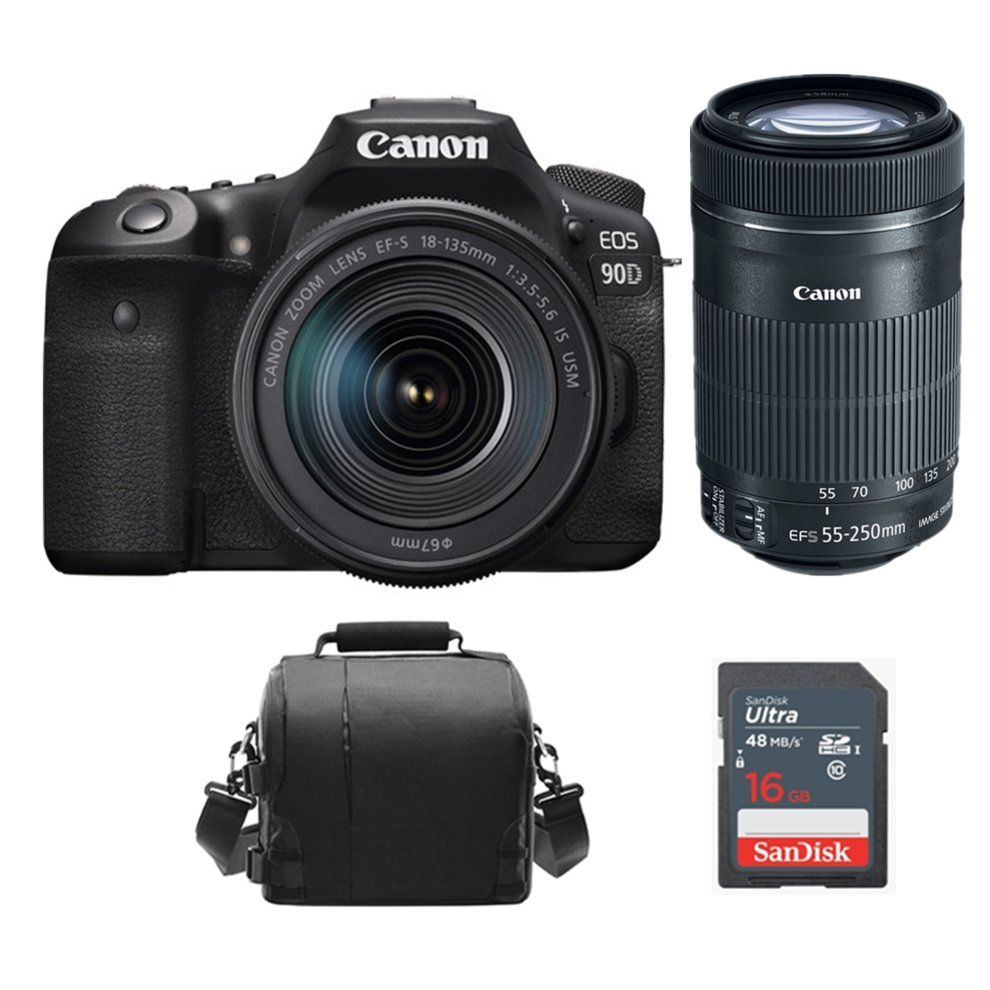 Kit Canon EOS 90D con objetivos EF-S 18-135mm f/3.5-5.6 IS USM y 55-250mm f/4-5.6 IS STM, bolsa para cámara y tarjeta SD de 16 GB