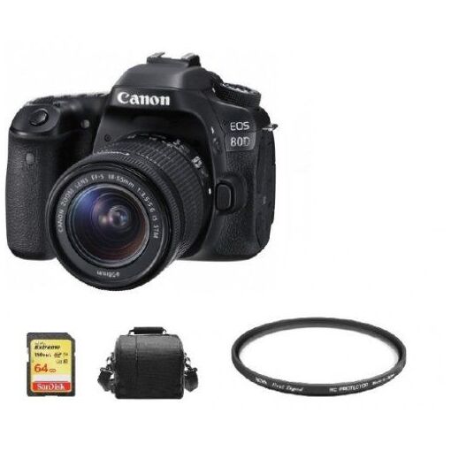 Kit Canon EOS 80D avec objectif EF-S 18-55mm f/3,5-5,6 IS STM + carte SD 64Go + étui + protecteur Hoya 58mm PRO 1D