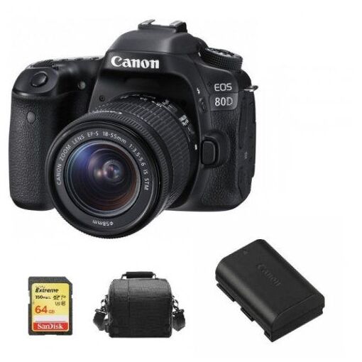 Kit Canon EOS 80D con objetivo EF-S 18-55mm f/3.5-5.6 IS STM, tarjeta SD de 64GB, bolsa para cámara y batería LP-E6N