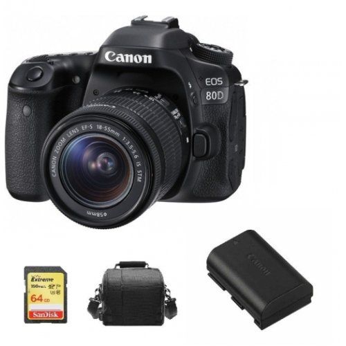 Canon EOS 80D Camera Kit with EF-S 18-55mm Lens, 64GB SD Card, Camera Bag and LP-E6N Battery