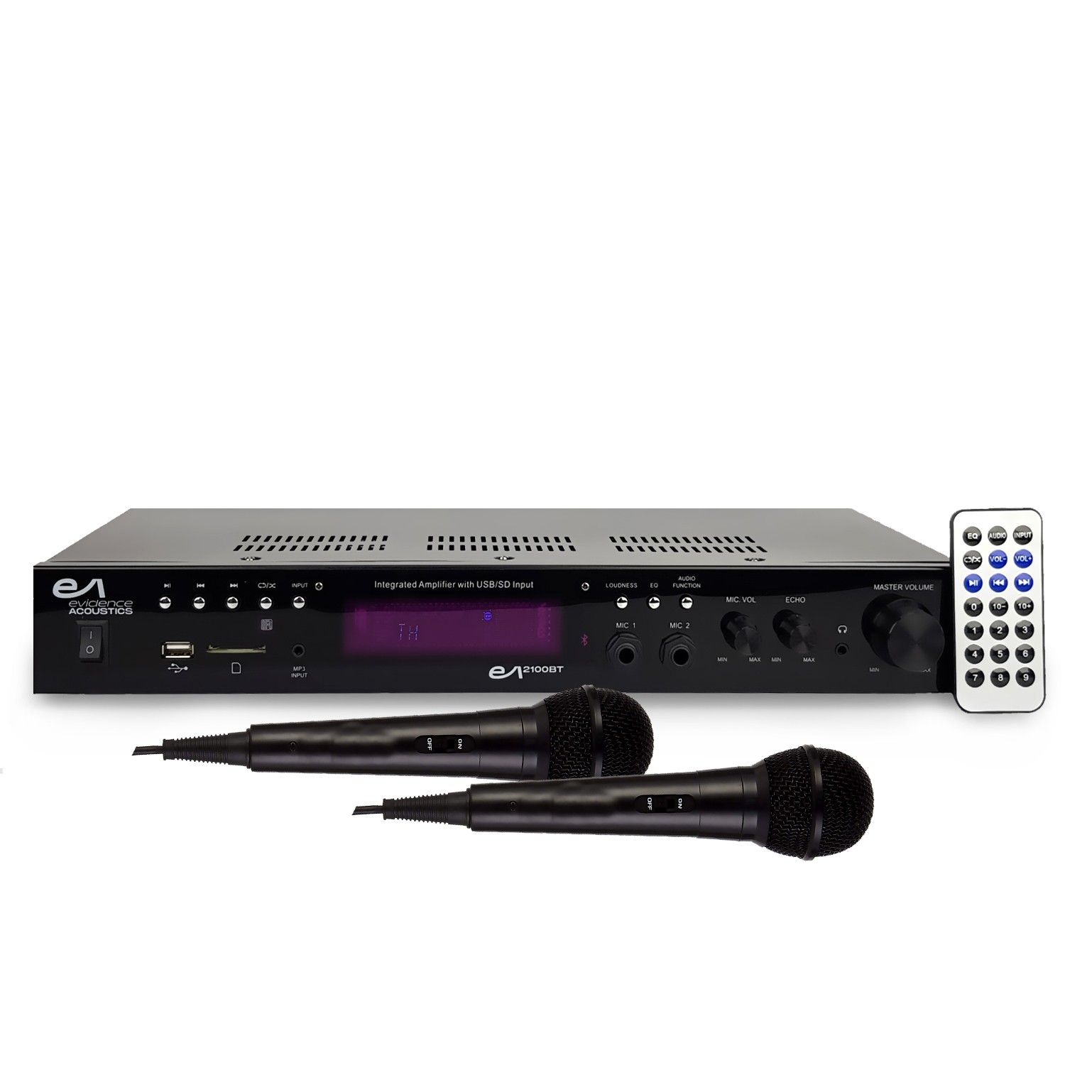 Amplificateur stéréo Evidence Acoustics EA-2100-BT - 2 x 50 W, Bluetooth, USB/SD/FM, adapté au karaoké avec 2 micros inclus