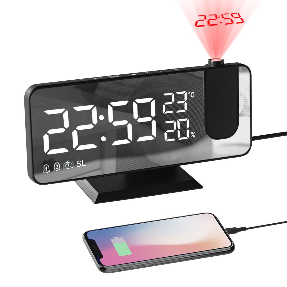 Large Display Alarm Clock with Projector, Mirror Effect Screen, USB Port and AC Adapter, Black