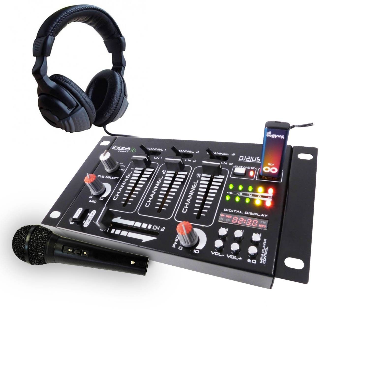 DJ Mixer - Ibiza Sound DJ21MK2 - 4-Channel 7 USB Inputs - DJ Headphones & Microphone - Black