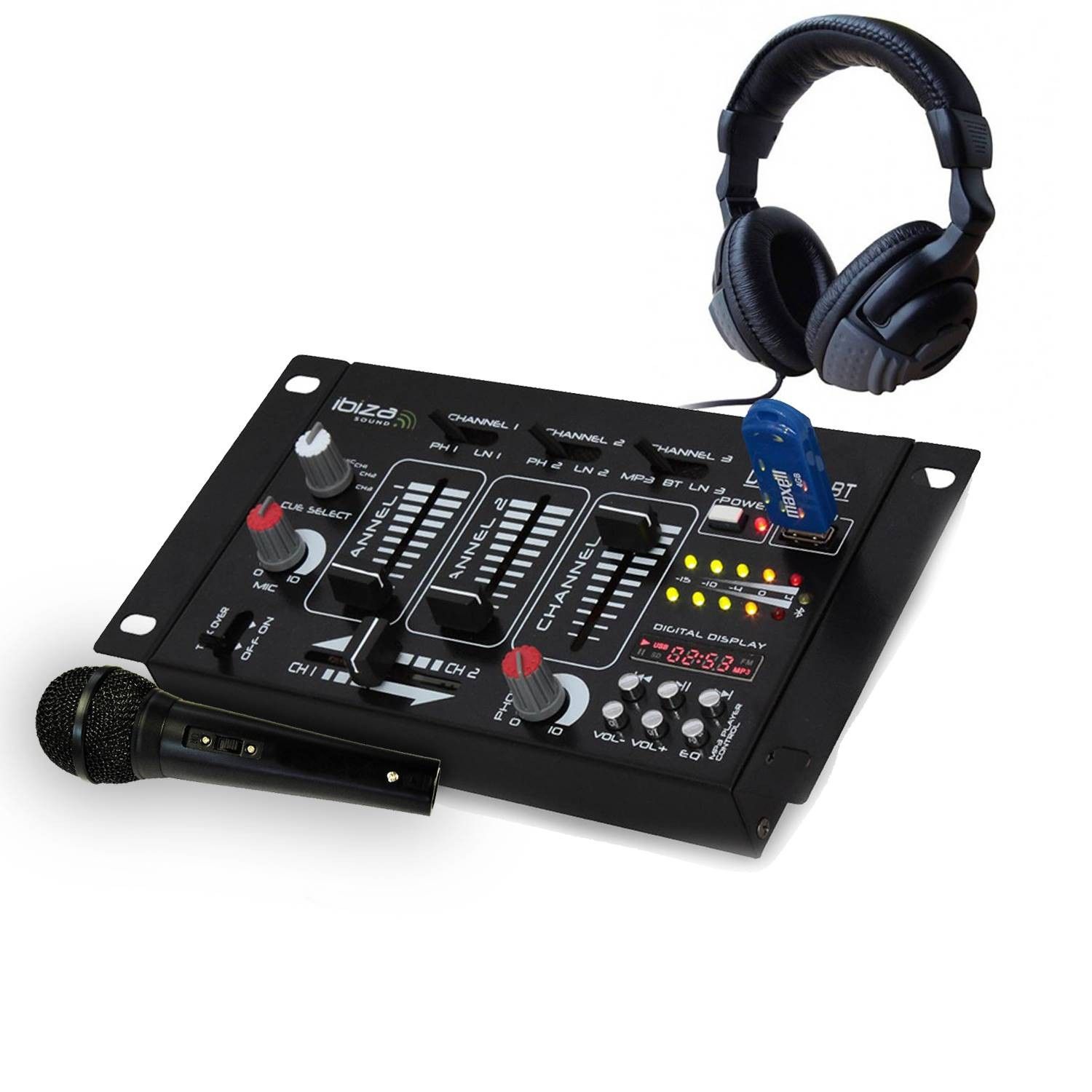 DJ Mixing Table - Ibiza Sound DJ21BT - 4-Way 7 USB/Bluetooth Inputs - DJ Headphones & Microphone - Black
