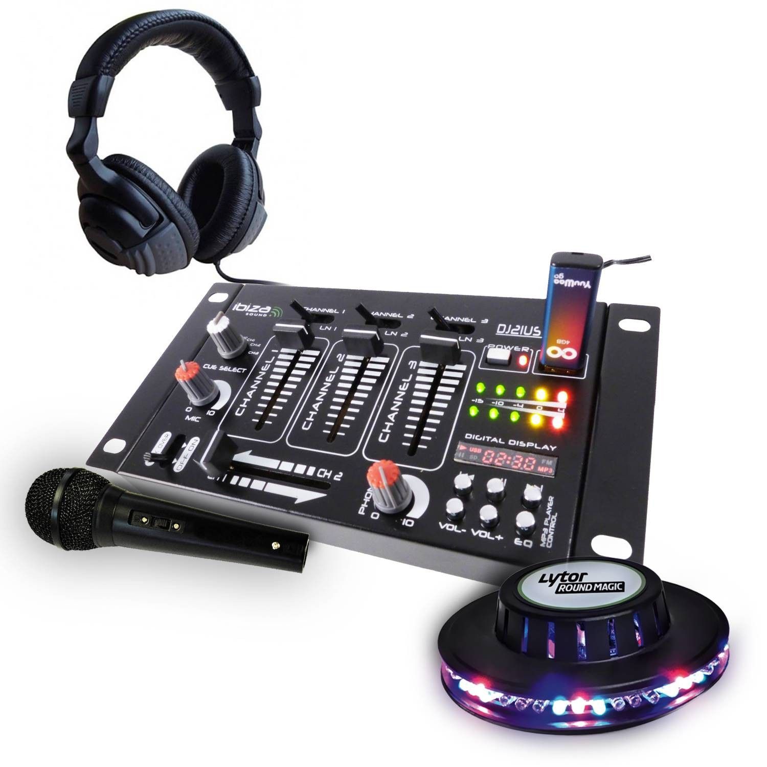 DJ Mixer Set - Ibiza Sound - DJ Headphones - Black Microphone - UFO Light Effect