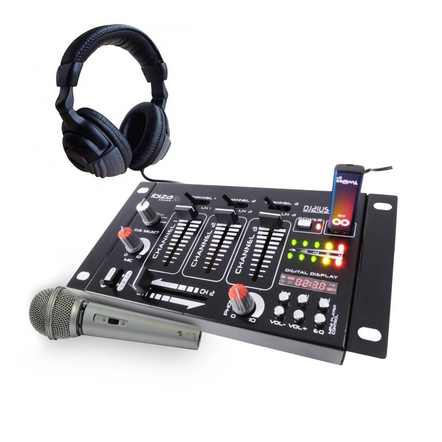 Mixing Console - Ibiza Sound - 4-Way 7 USB Inputs - Headphones - Microphone (Silver)