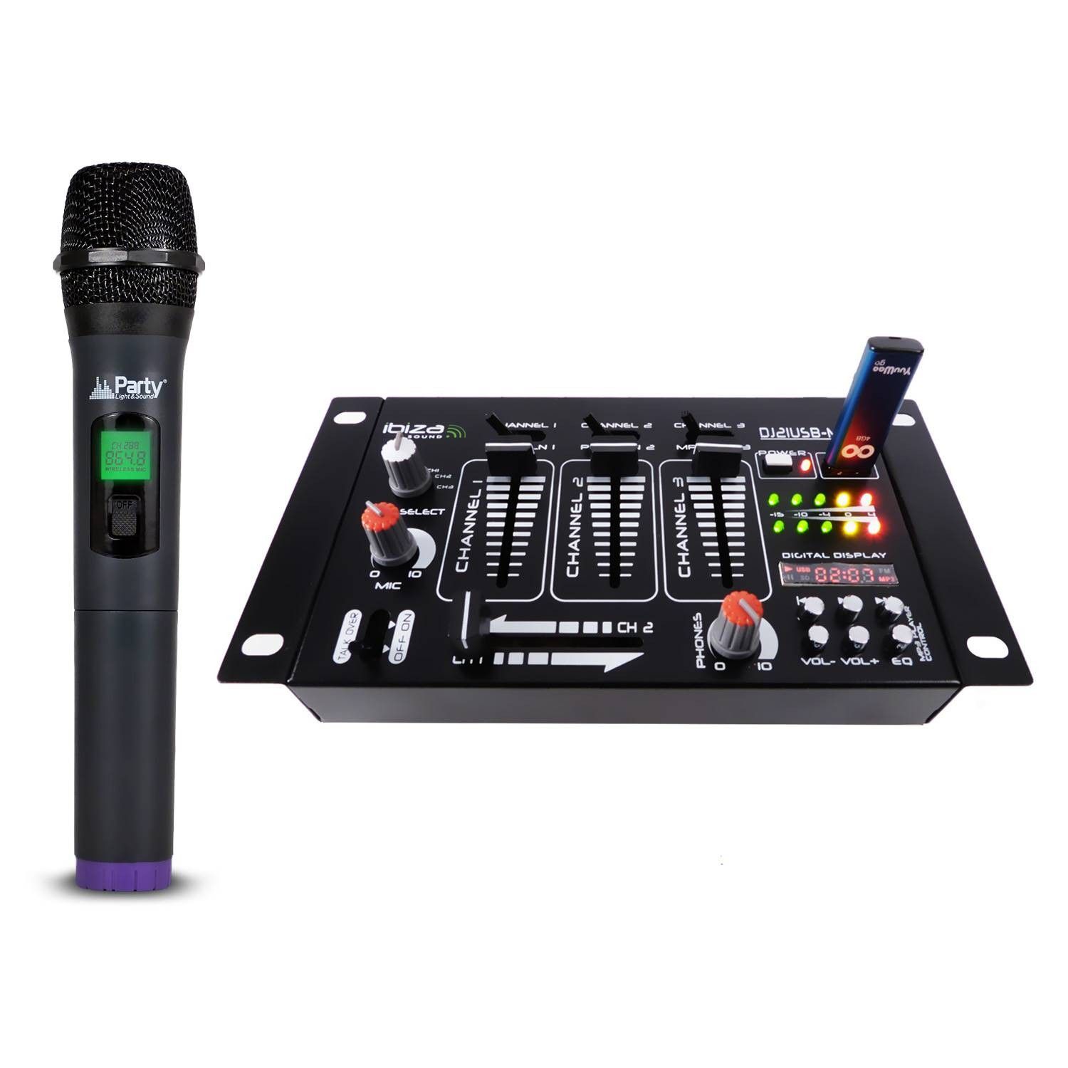 Mixing Table - Ibiza Sound DJ21 4-Way USB + Wireless VHF Microphone