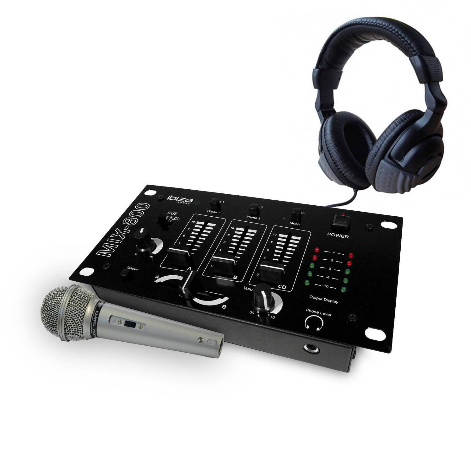 Consôle de mixage Ibiza Sound MIX800 - 3 voies, 5 entrées - Casque et micro inclus