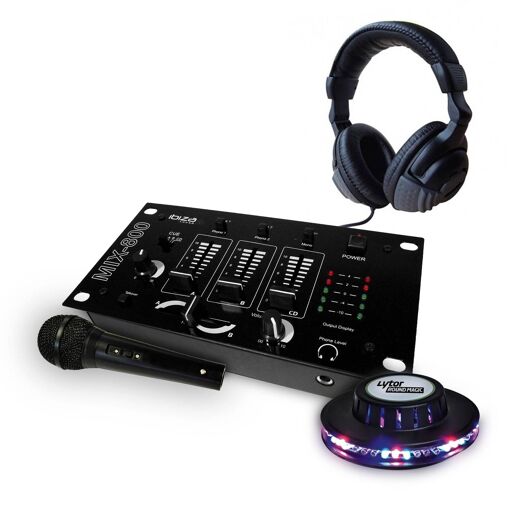 Table de mixage - Son Ibiza - Casque DJ - Microphone Noir - Ensemble d'effets lumineux UFO