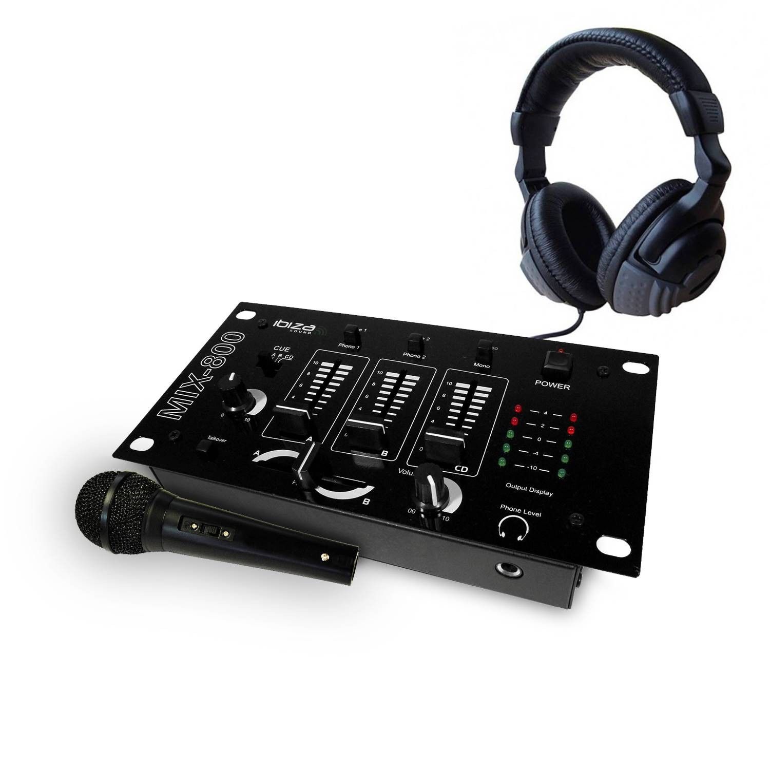 Ibiza Sound MIX800 3-Way DJ Mixer - 5 Inputs, Headphones, Microphone