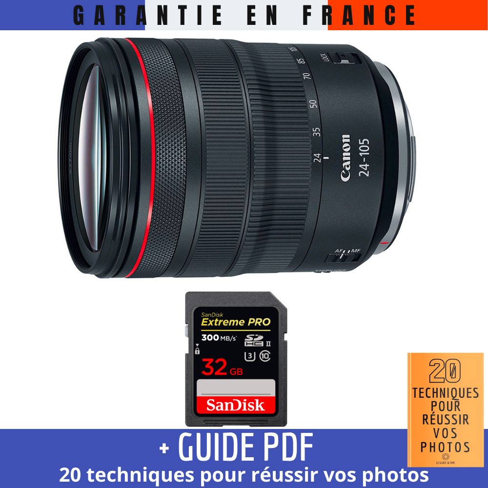 Canon RF 24-105mm f/4L IS USM Lens + 1 SanDisk 32GB Extreme PRO UHS-II Card + '20 Techniques for Succeeding in Photography' Guide