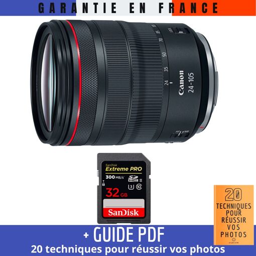 Objectif Canon RF 24-105 mm f/4 L IS USM + Carte SanDisk 32 Go Extreme PRO UHS-II 300 Mo/s + Guide '20 techniques pour réussir vos photos'