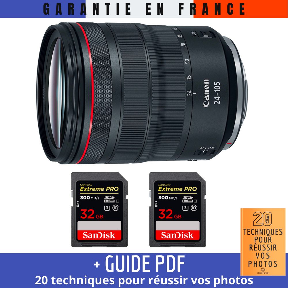 Canon RF 24-105mm f/4L IS USM Lens + 2 SanDisk 32GB Extreme PRO UHS-II 300MB/s Cards + '20 TECHNIQUES FOR SUCCESSFUL PHOTOS' Guide