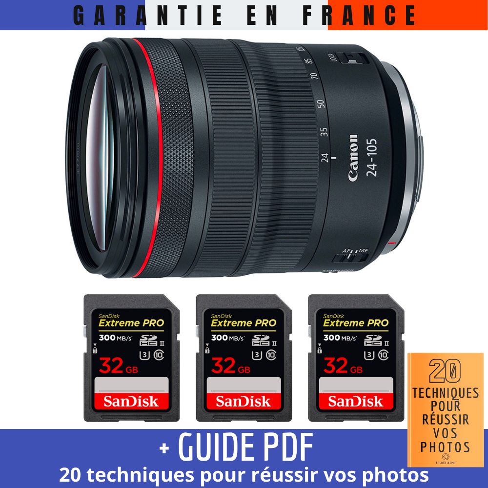 Canon RF 24-105mm f/4L IS USM Lens + 3 SanDisk 32GB Extreme PRO UHS-II 300MB/s Cards + '20 TECHNIQUES FOR SUCCESSFUL PHOTOS' Guide