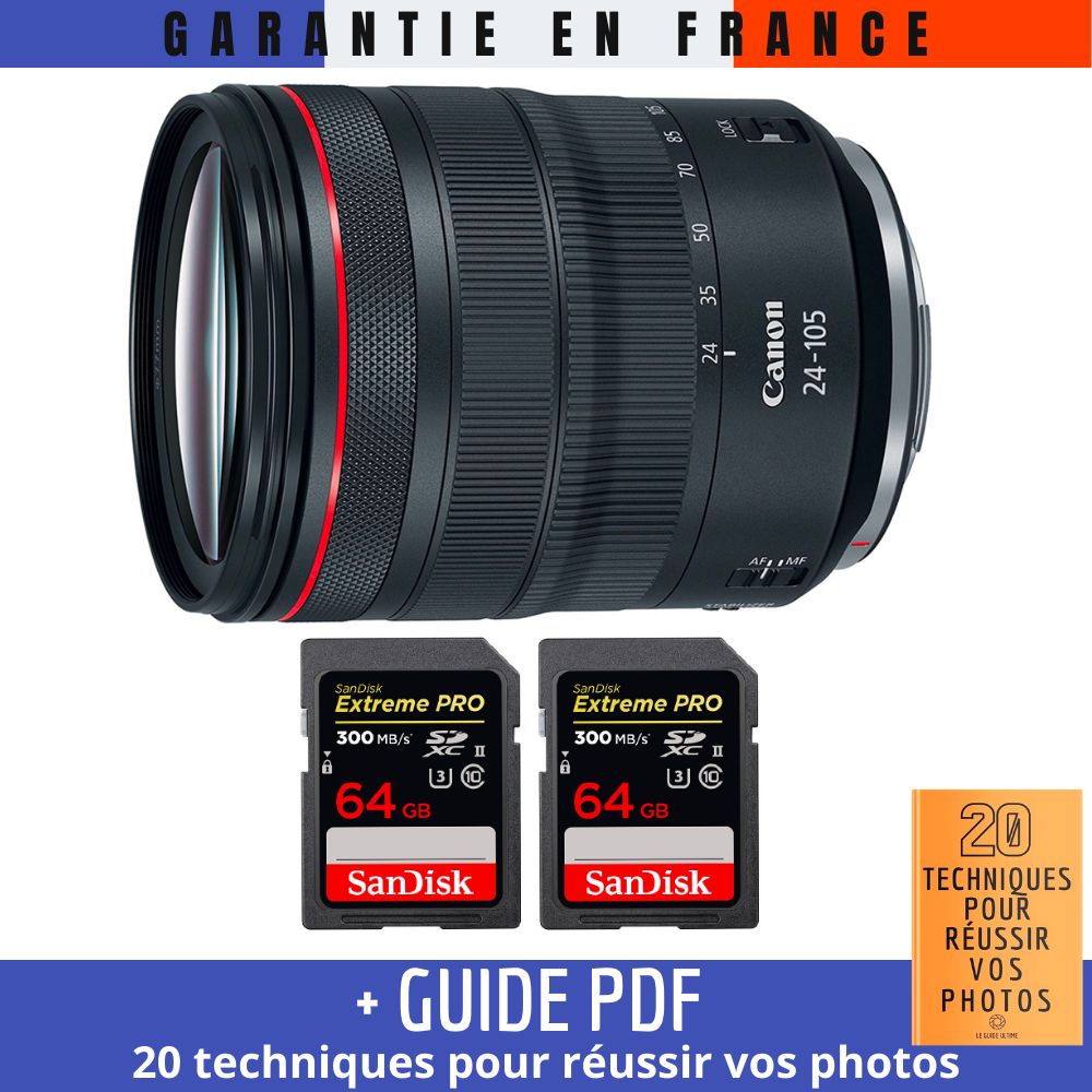 Canon RF 24-105mm f/4L IS USM Lens + 2 SanDisk 64GB Extreme PRO UHS-II Cards + '20 TECHNIQUES FOR SUCCESSFUL PHOTOS Guide